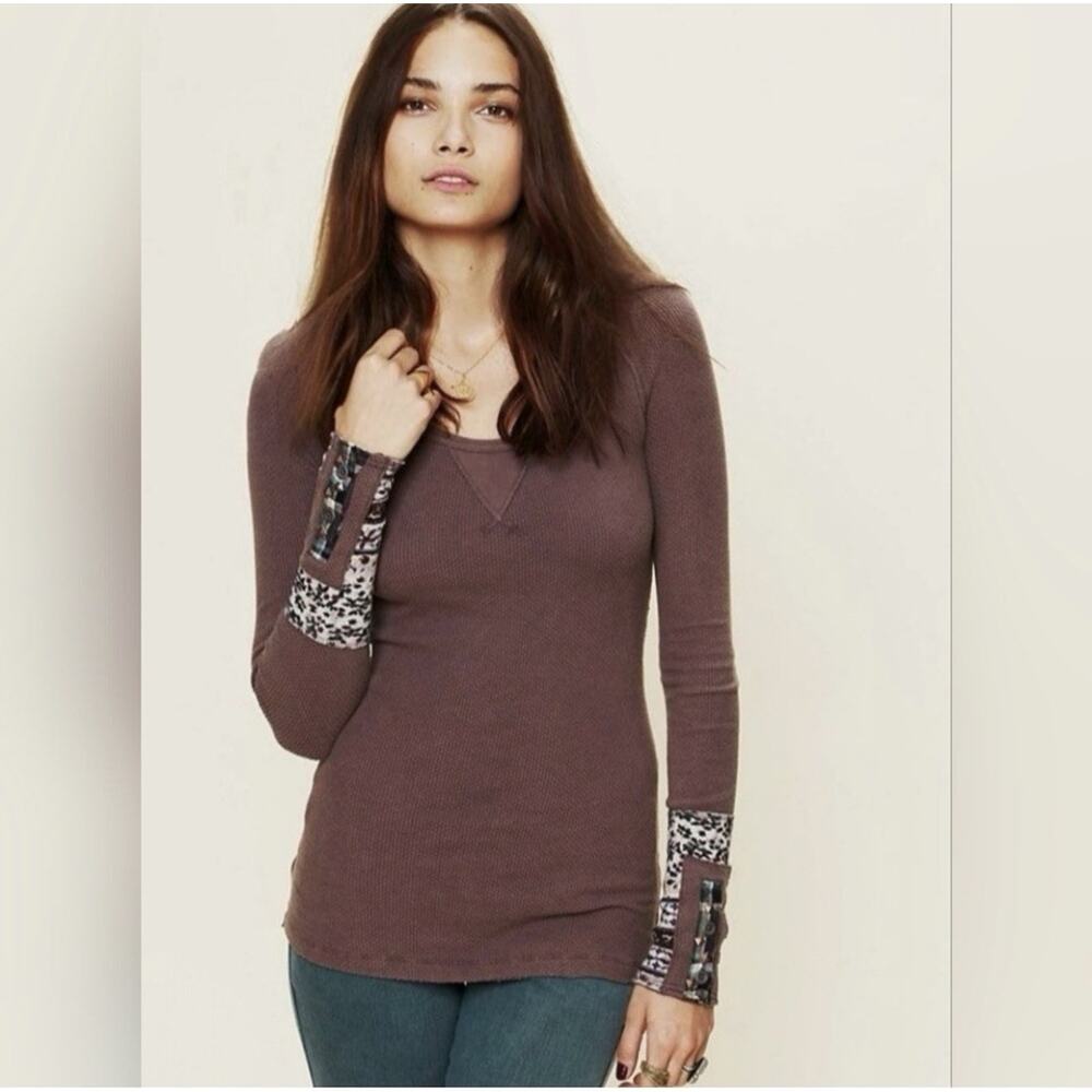 We the Free People XS Brown Fair Isle Cuff Waffle Thermal Top Boho Y2K Viral B24